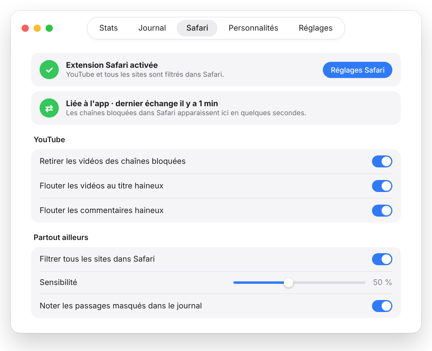 L'onglet Safari de l'app AltDelete : extension activée et liée à l'app, réglages YouTube et réglages pour tous les autres sites.