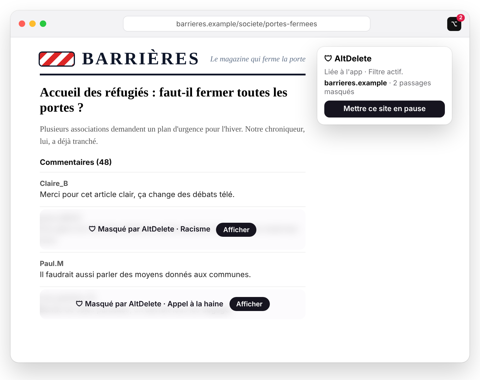 Un article de Barrières, magazine fictif : deux commentaires haineux sont floutés avec le bandeau « Masqué par AltDelete », la fenêtre de l'extension indique deux passages masqués et propose de mettre le site en pause.