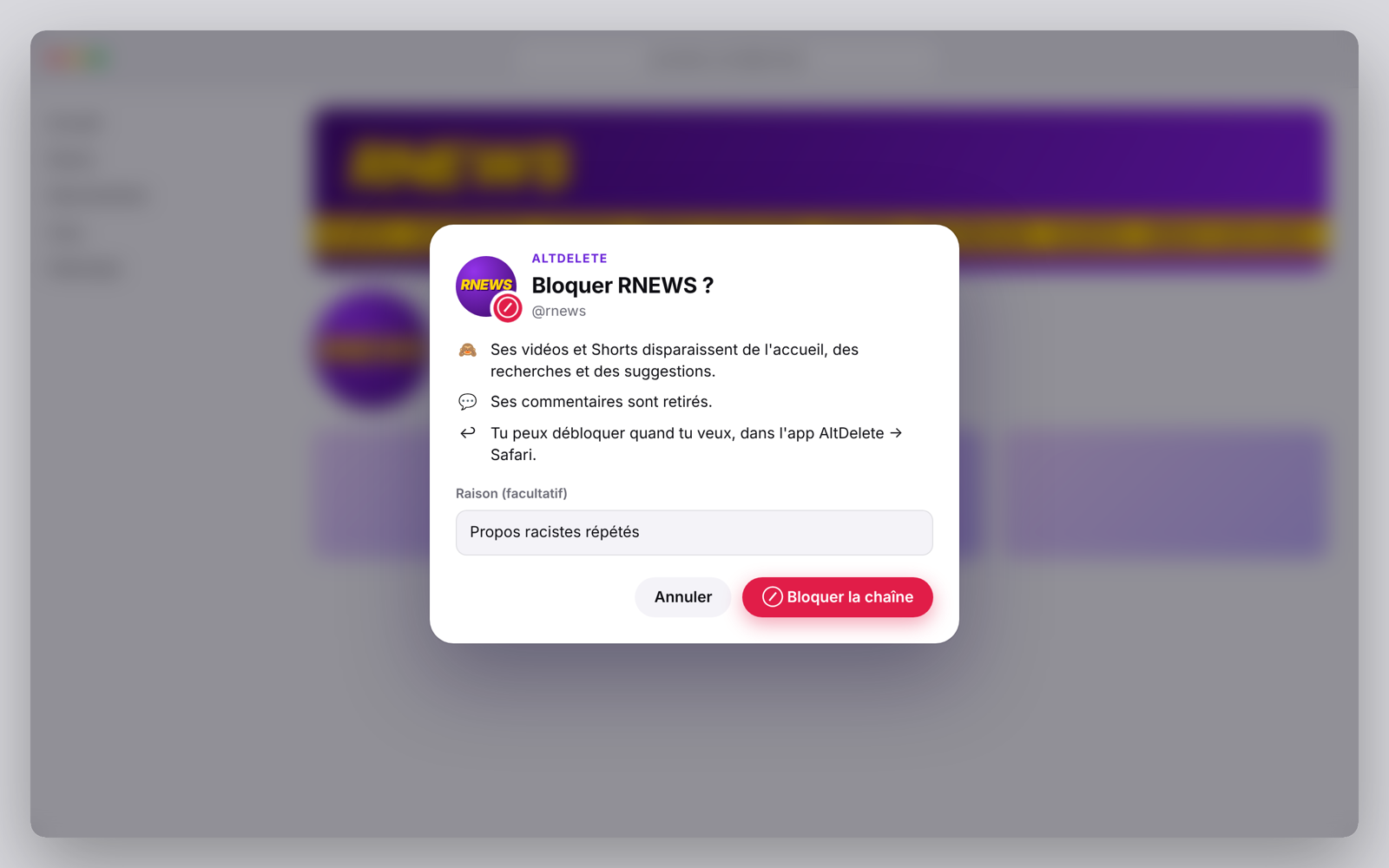Dans Safari, sur une page YouTube floutée, la fenêtre AltDelete « Bloquer RNEWS ? » (chaîne fictive) explique ce qui va se passer et propose d'indiquer une raison.