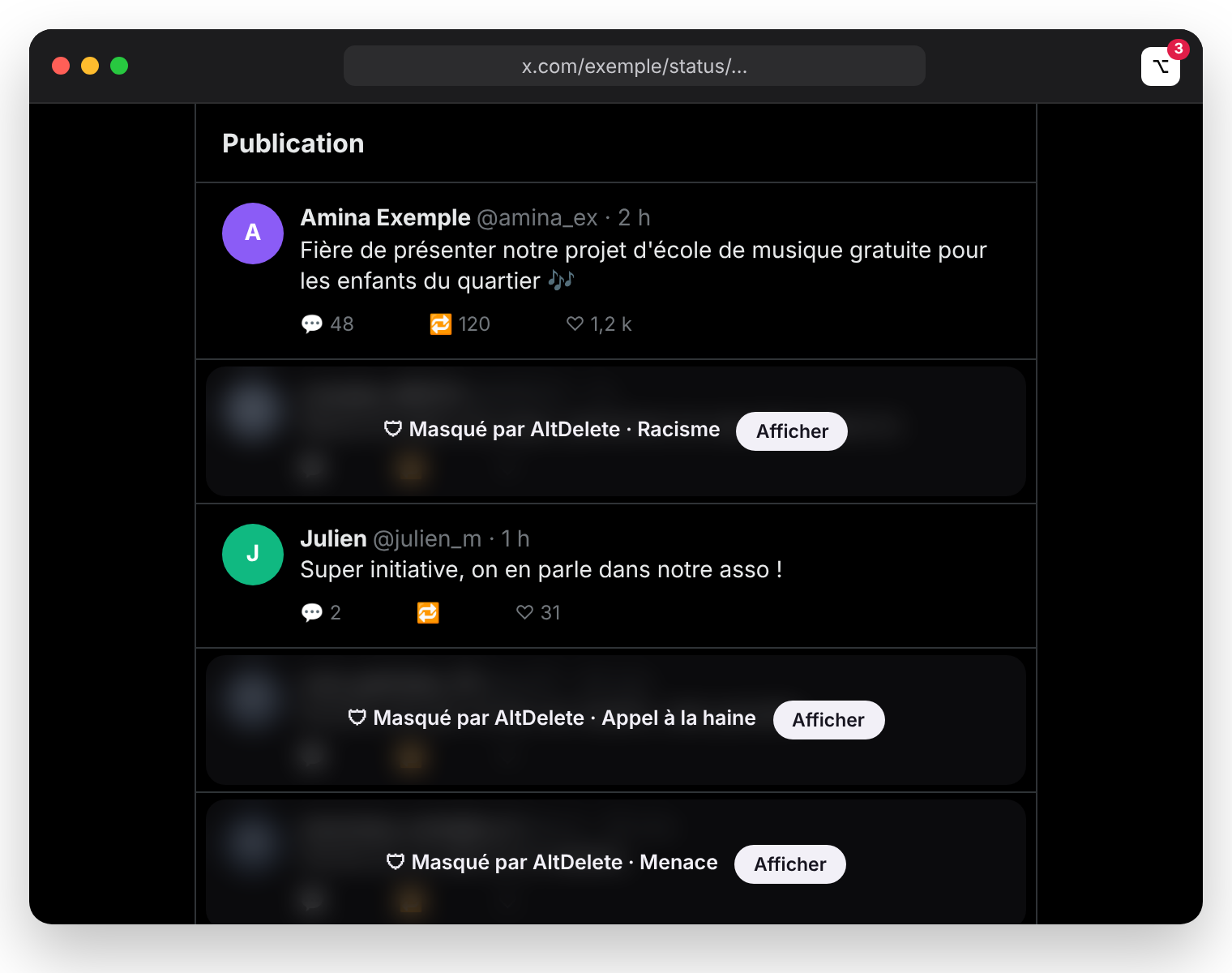 Illustration : une publication sur x.com dans Safari. Trois réponses haineuses sont floutées avec le bandeau « Masqué par AltDelete » et la catégorie : racisme, appel à la haine, menace.